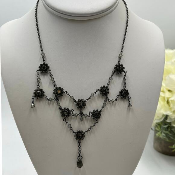 Bellagio Black Gothic Multi Tier Ornate Floral Crystal Bib Statement Necklace - Picture 1 of 11